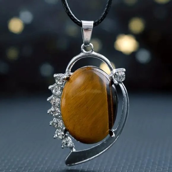 Tiger Eye Natural Stone Pendant Vintage Oval Shape with Sparkling Stones - Picture 1 of 2